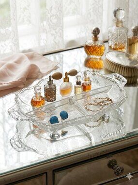 Vintage Cambridge Glass Rose Point Etched Divided Serving Dish Gadroon Line